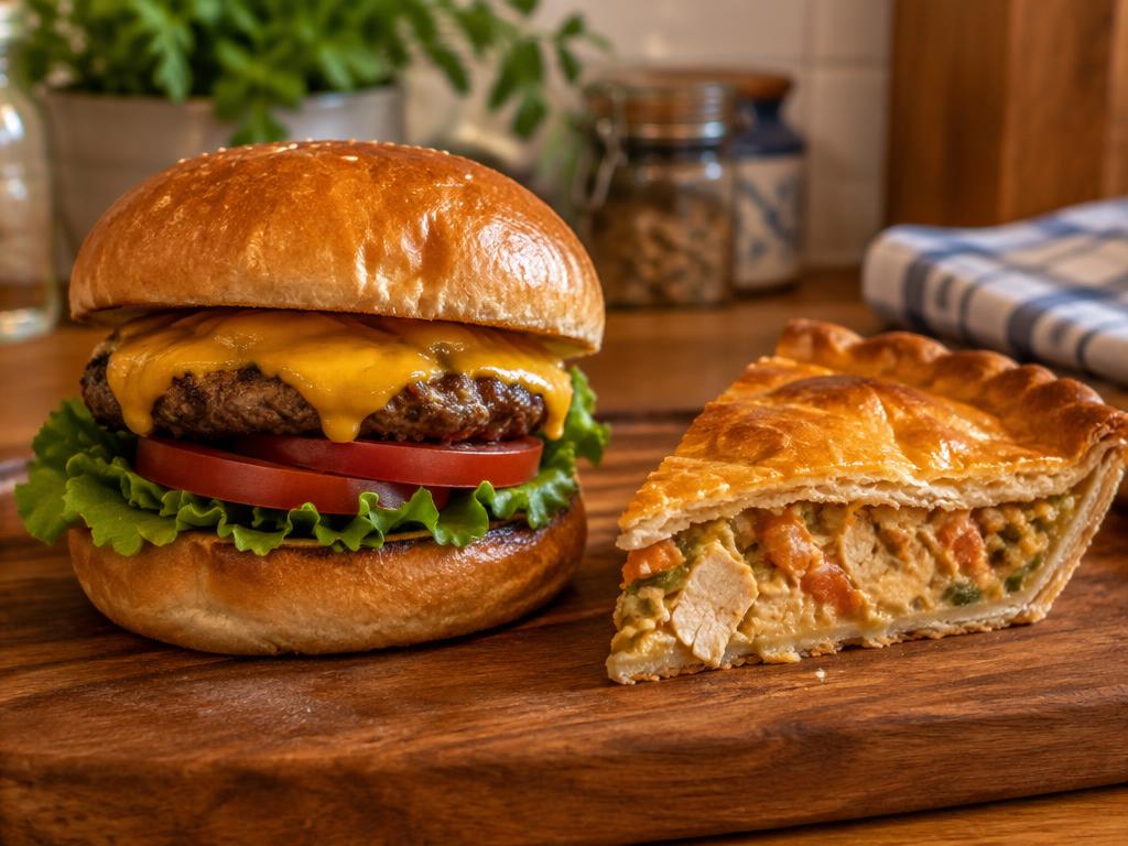 Hambúrguer caseiro e tortas